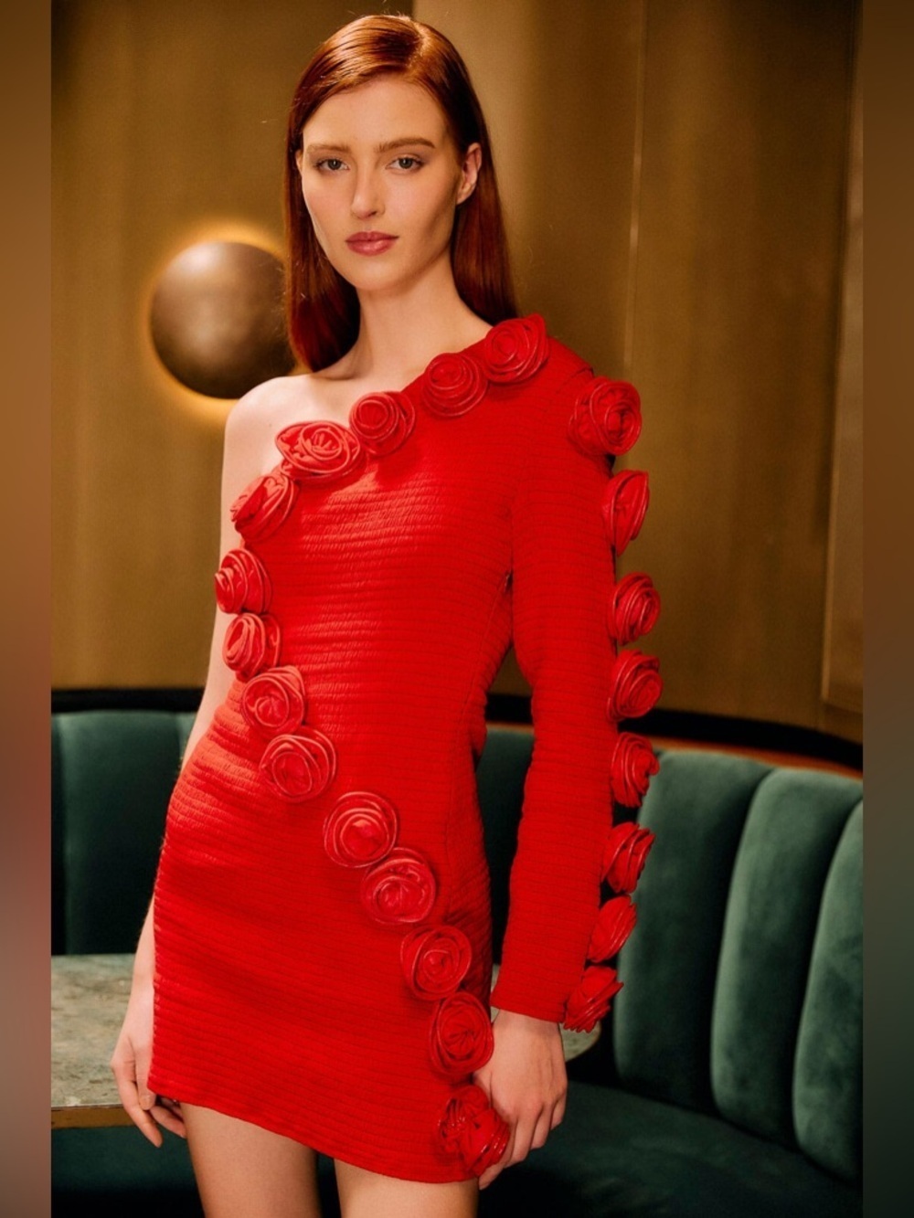 One-Shoulder Red Floral Appliqué Mini Dress